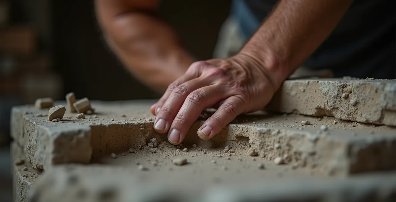 Main d’artisan posant une pierre taillée dans un mas provençal, focus sur la texture et le geste