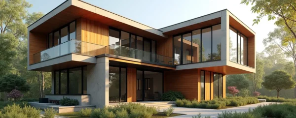 Vue extérieure d'une maison neuve personnalisée contemporaine avec un aménagement unique