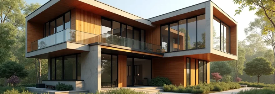 Vue extérieure d'une maison neuve personnalisée contemporaine avec un aménagement unique
