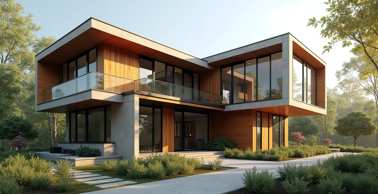 Vue extérieure d'une maison neuve personnalisée contemporaine avec un aménagement unique