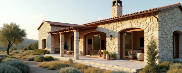 Photo réaliste d'un mas provençal contemporain dans la lumière dorée du soir, architecture épurée, textures de pierre naturelle et toiture typique, espace ouvert sur jardin méditerranéen, sans logotype ou signe lisible