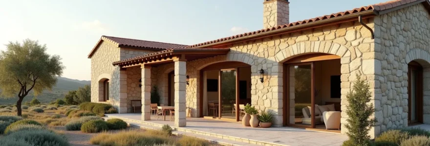 Photo réaliste d'un mas provençal contemporain dans la lumière dorée du soir, architecture épurée, textures de pierre naturelle et toiture typique, espace ouvert sur jardin méditerranéen, sans logotype ou signe lisible