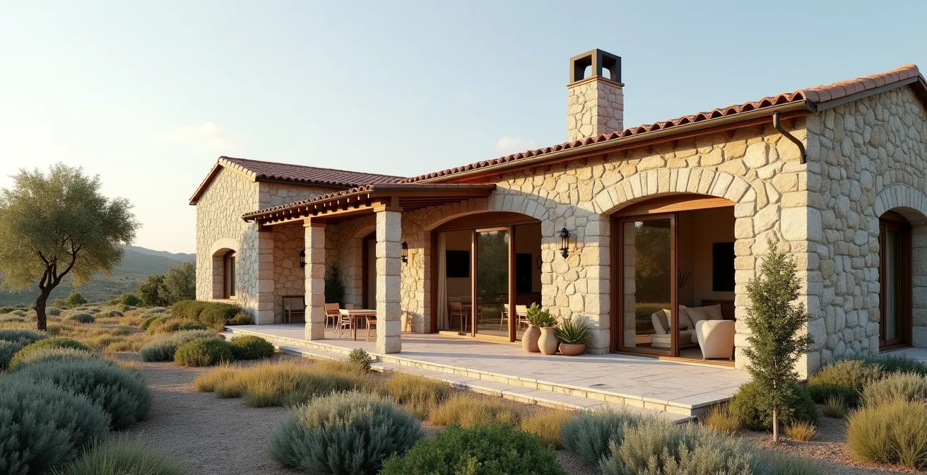 Photo réaliste d'un mas provençal contemporain dans la lumière dorée du soir, architecture épurée, textures de pierre naturelle et toiture typique, espace ouvert sur jardin méditerranéen, sans logotype ou signe lisible