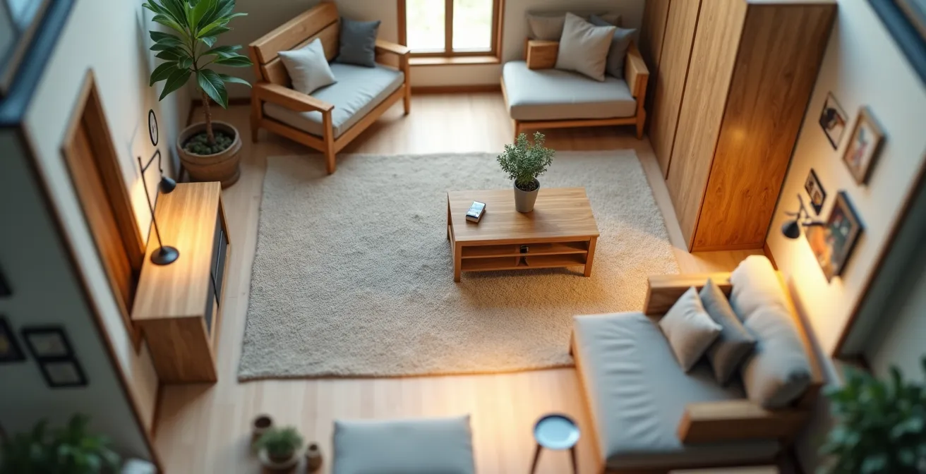 Plan architectural optimisé d’une maison compacte avec zones fonctionnelles distinctes