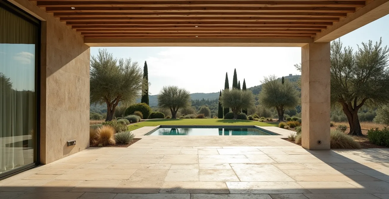 Vue architecturale d’un mas provençal moderne ouvert sur un grand jardin, perspective dégagée sur volumes et terrasses