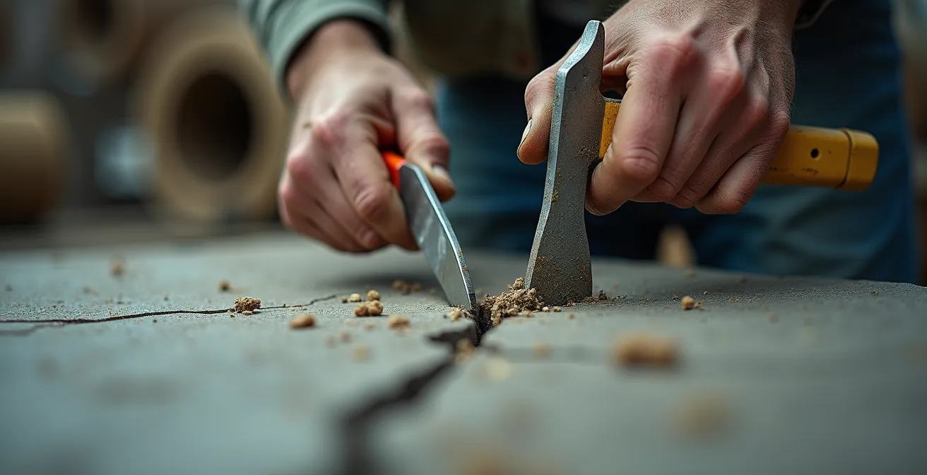 Gros plan sur des mains examinant une fissure dans un mur en construction avec outils de mesure