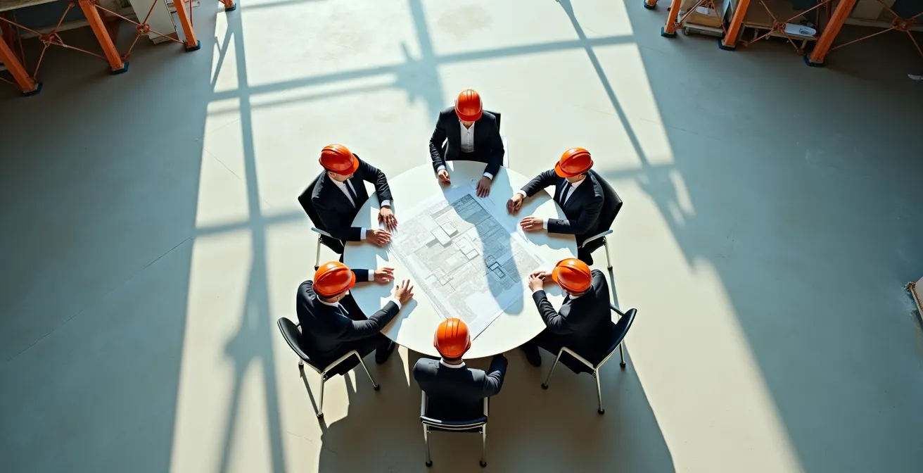 Vue aérienne d'une réunion de chantier avec plusieurs professionnels autour d'une table de plans