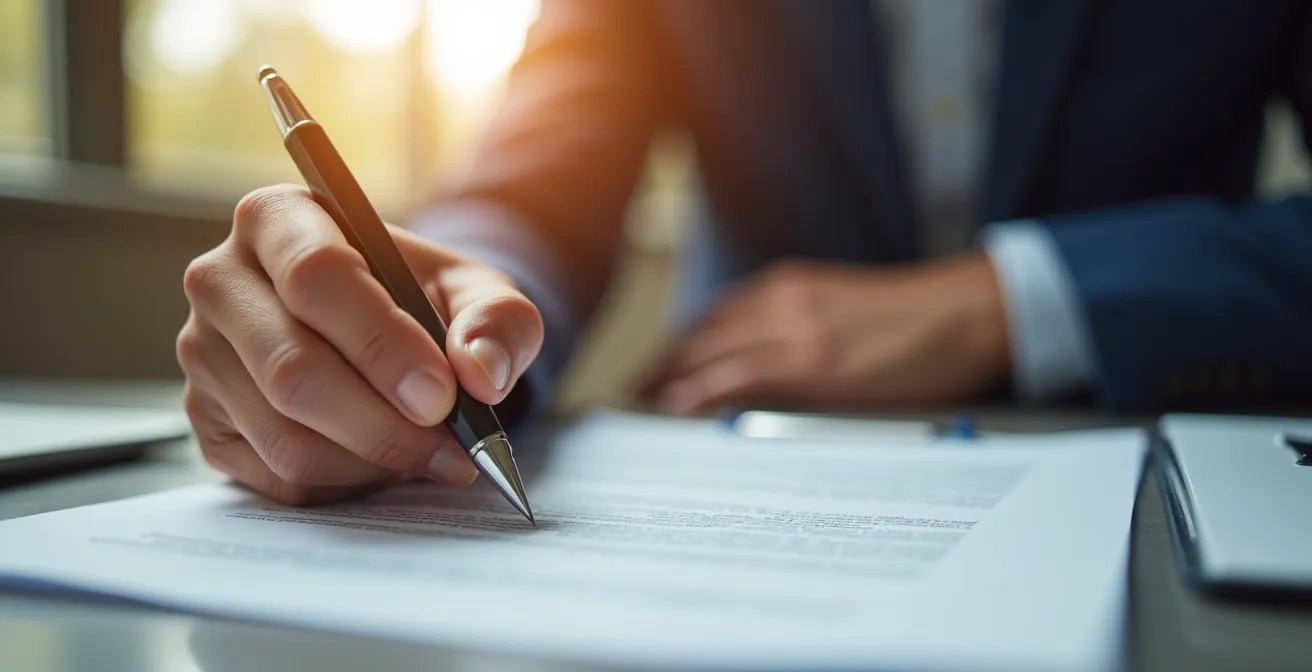 Main signant un contrat de construction avec différents documents en arrière-plan flou